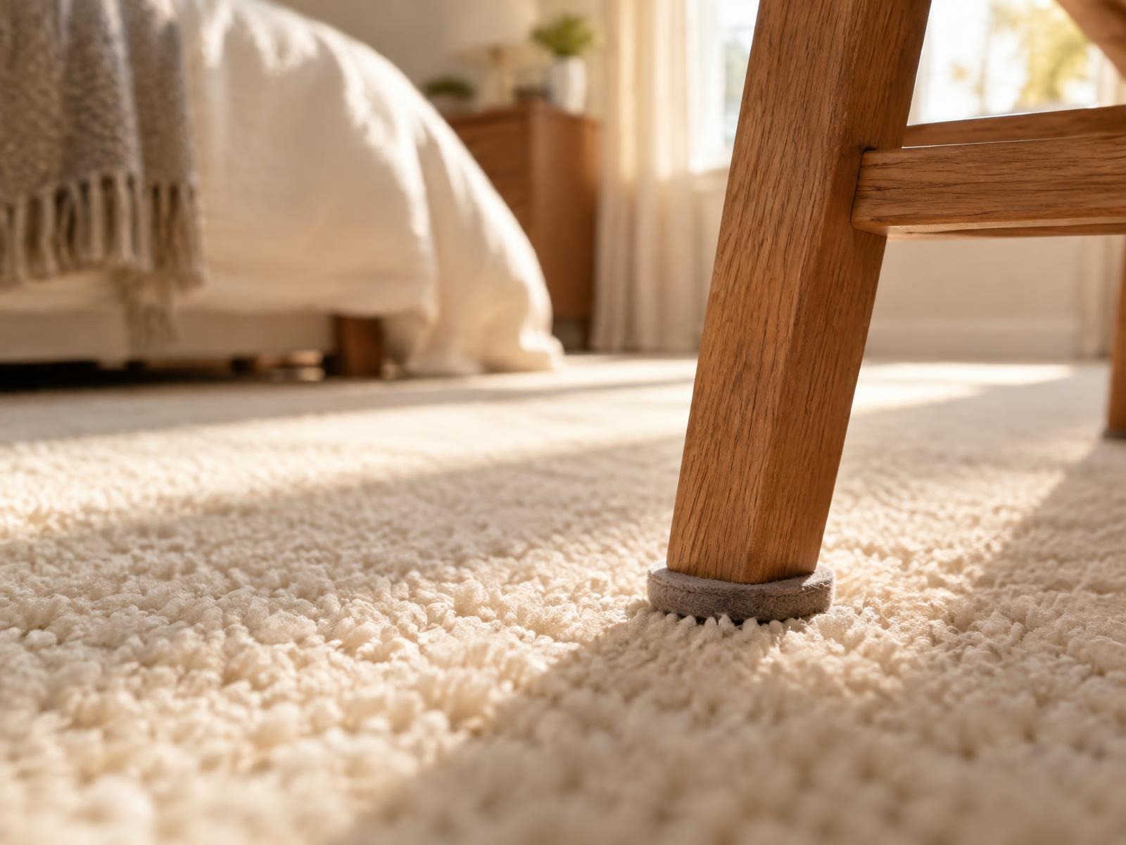 Close-up of plush cream carpet with a felt glide under a wooden chair leg