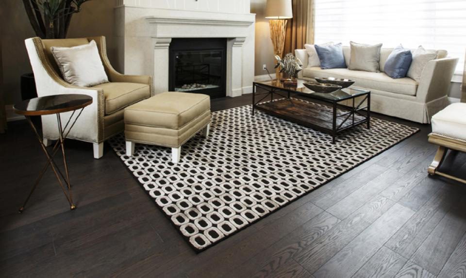 Living room with dark hardwood and a geometric area rug