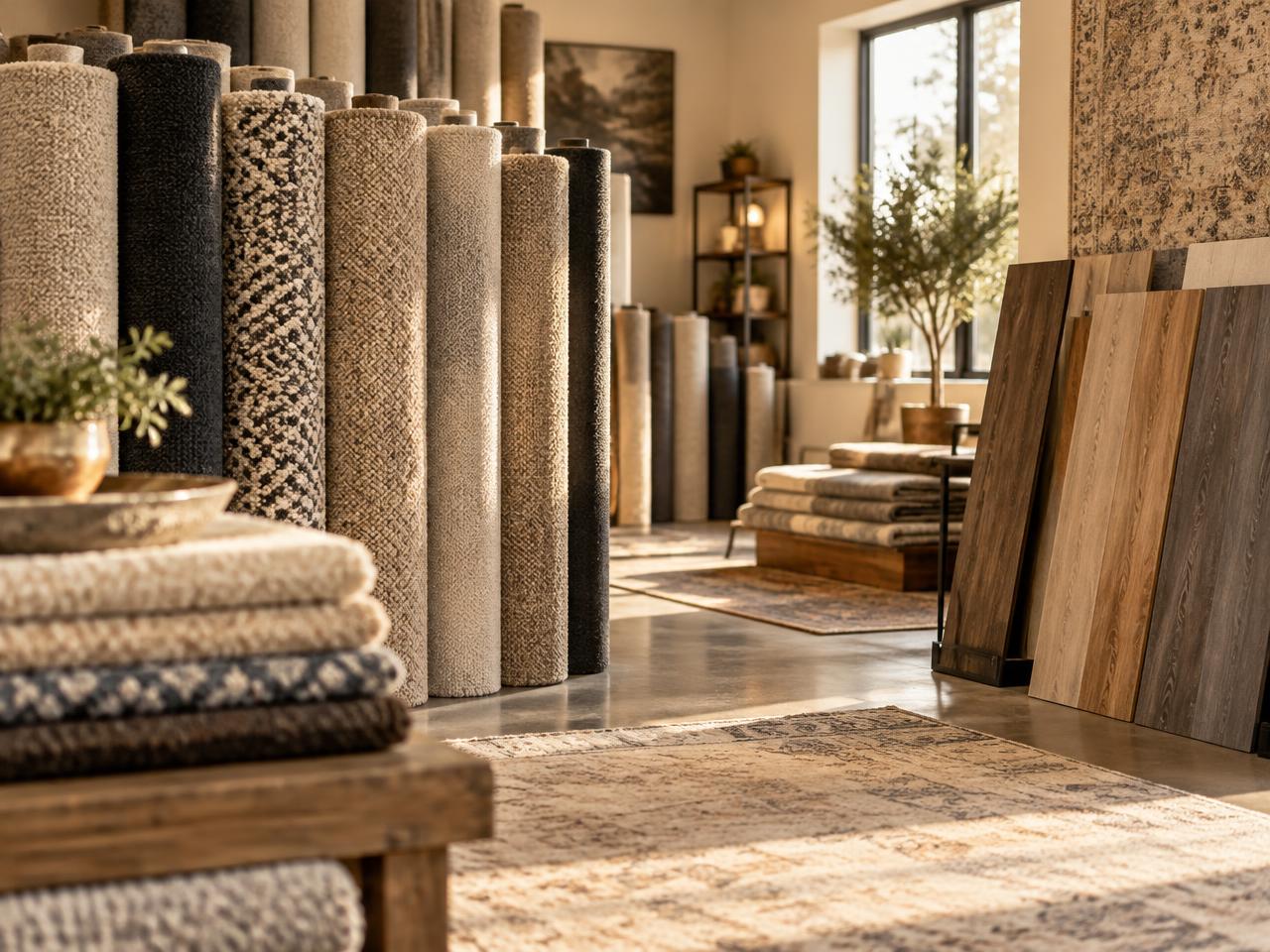 Showroom aisle of upright carpet rolls, stacked remnants, and wood-look plank samples in warm daylight