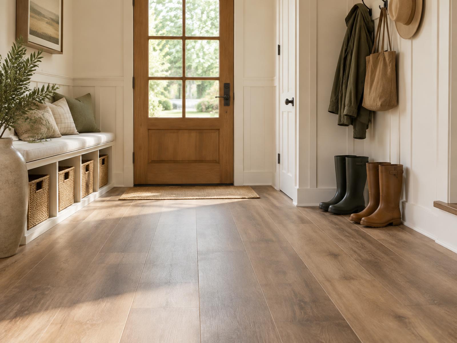 Entry mudroom with wood-look luxury vinyl plank flooring